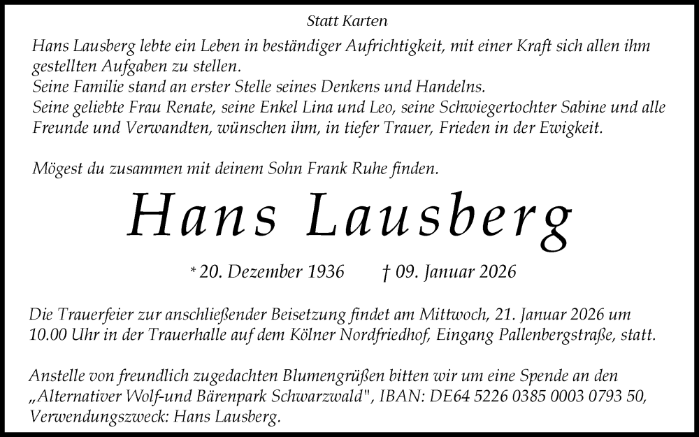  Traueranzeige für Hans Lausberg vom 17.01.2026 aus Kölner Stadt-Anzeiger / Kölnische Rundschau / Express