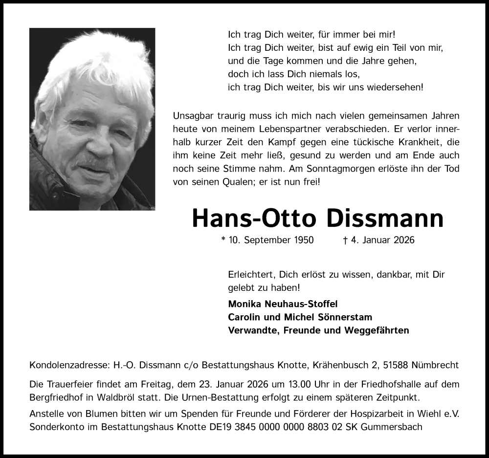  Traueranzeige für Hans-Otto Dissmann vom 17.01.2026 aus Kölner Stadt-Anzeiger / Kölnische Rundschau / Express