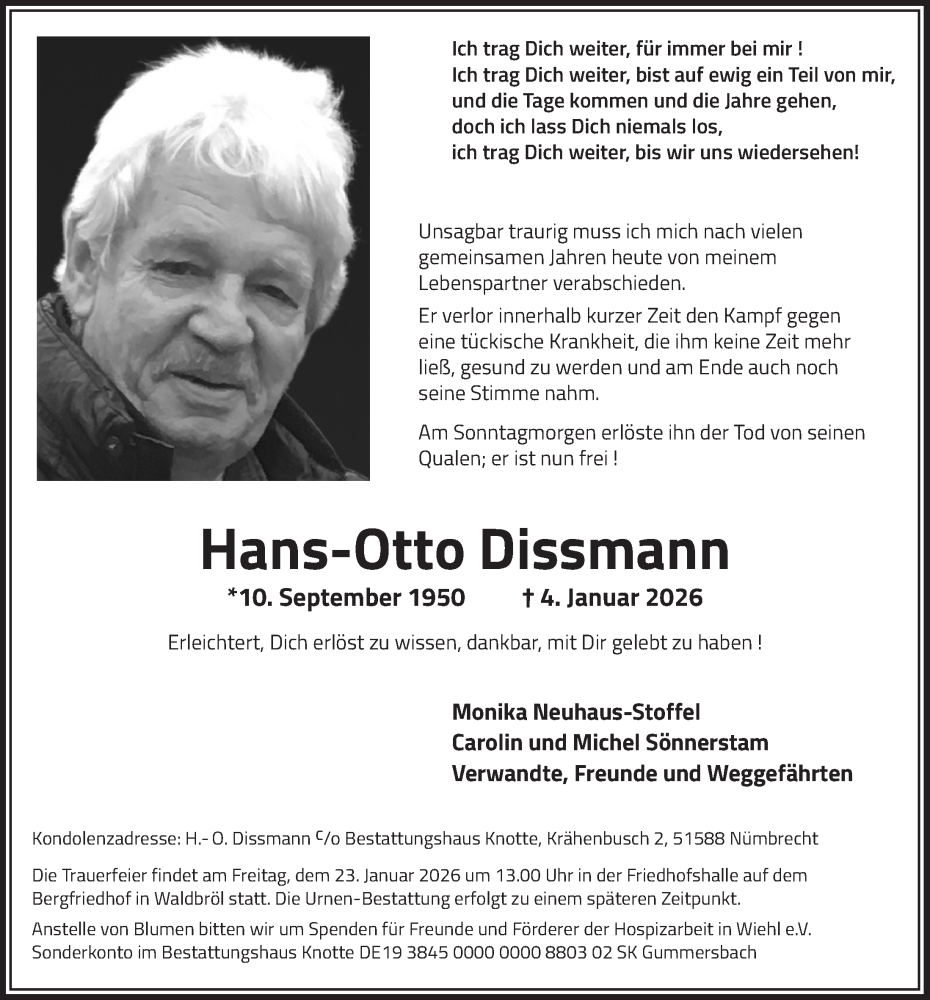  Traueranzeige für Hans-Otto Dissmann vom 16.01.2026 aus  Lokalanzeiger 