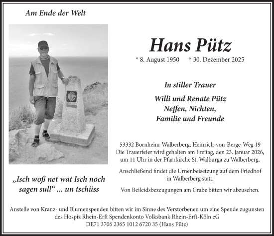 Anzeige von Hans Pütz von  Schaufenster/Blickpunkt 