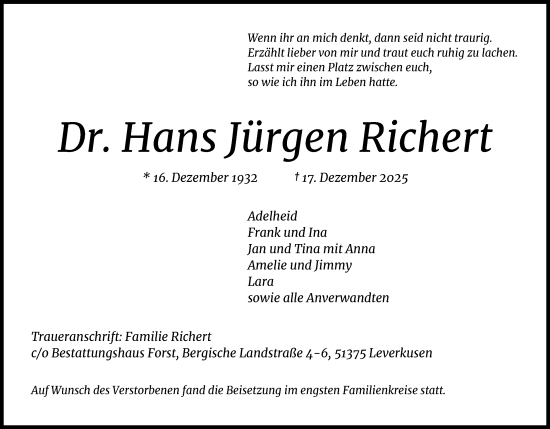 Anzeige von Hans Jürgen Richert von Kölner Stadt-Anzeiger / Kölnische Rundschau / Express
