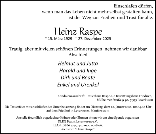 Anzeige von Heinz Raspe von Kölner Stadt-Anzeiger / Kölnische Rundschau / Express