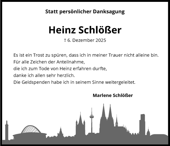 Anzeige von Heinz Schlößer von Kölner Stadt-Anzeiger / Kölnische Rundschau / Express