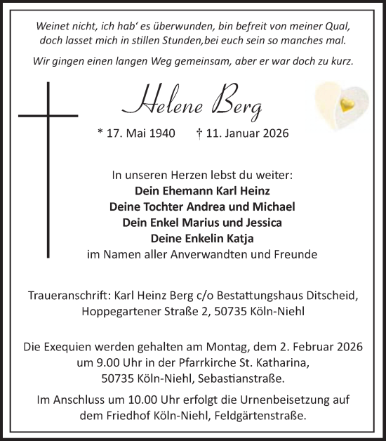 Anzeige von Helene Berg von Kölner Stadt-Anzeiger / Kölnische Rundschau / Express