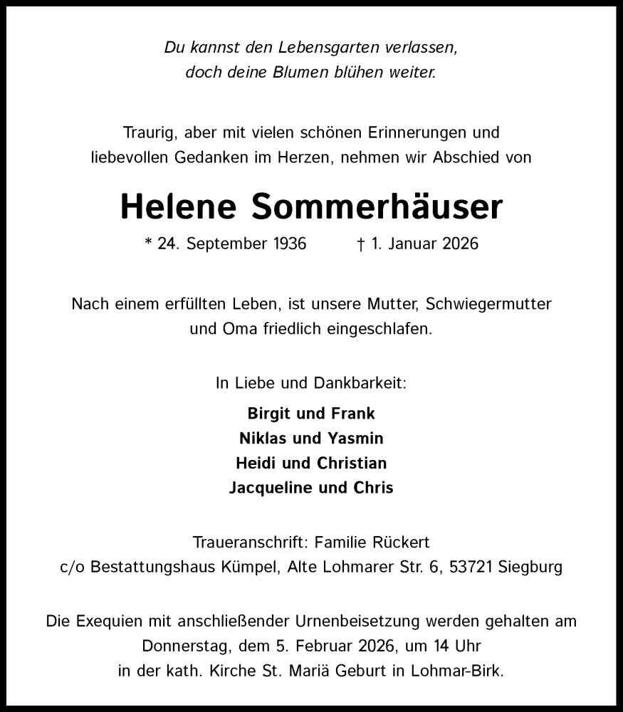  Traueranzeige für Helene Sommerhäuser vom 17.01.2026 aus Kölner Stadt-Anzeiger / Kölnische Rundschau / Express