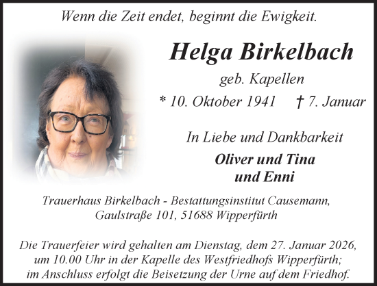 Anzeige von Helga Birkelbach von Kölner Stadt-Anzeiger / Kölnische Rundschau / Express