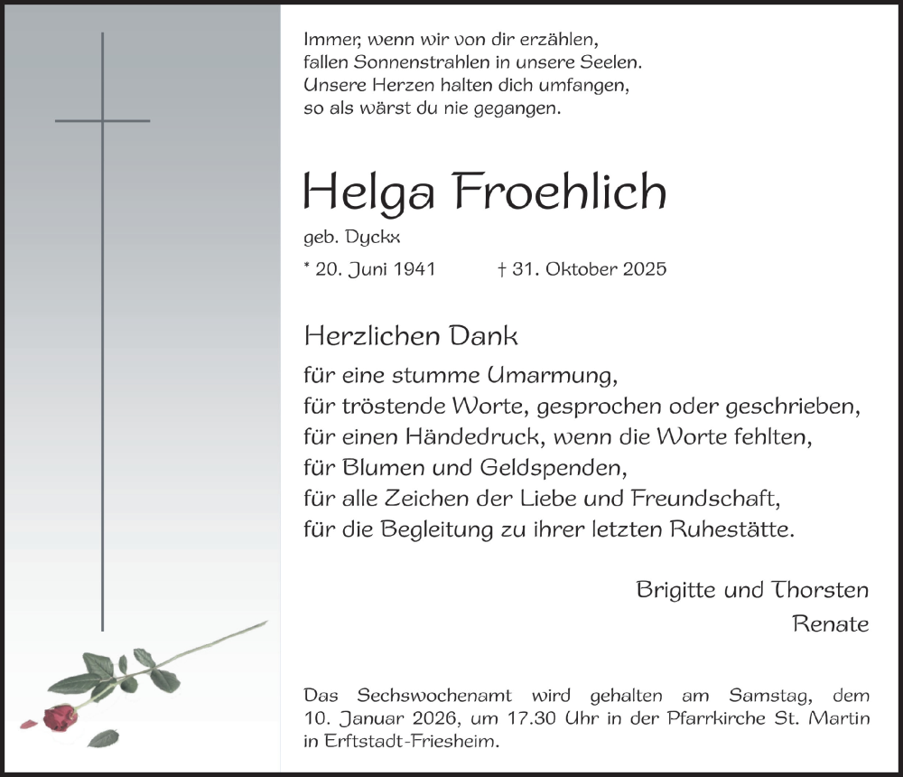  Traueranzeige für Helga Froehlich vom 09.01.2026 aus  Werbepost 