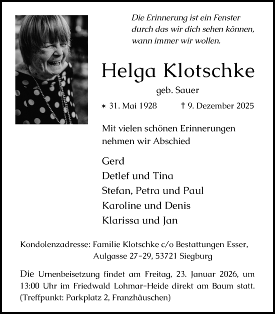 Anzeige von Helga Klotschke von Kölner Stadt-Anzeiger / Kölnische Rundschau / Express