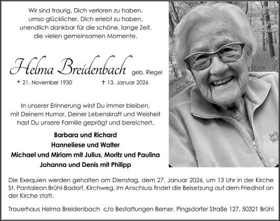 Anzeige von Helma Breidenbach von  Schlossbote/Werbekurier 