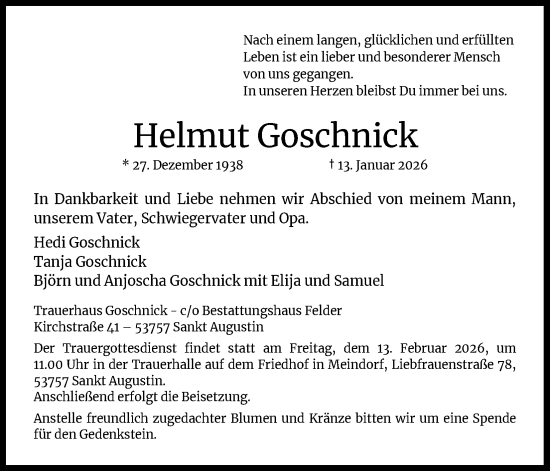 Anzeige von Helmut Goschnick von Kölner Stadt-Anzeiger / Kölnische Rundschau / Express