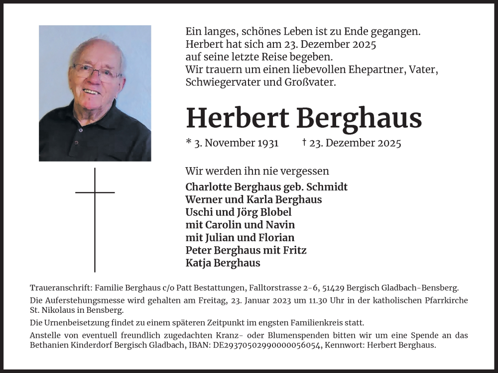  Traueranzeige für Herbert Berghaus vom 10.01.2026 aus Kölner Stadt-Anzeiger / Kölnische Rundschau / Express