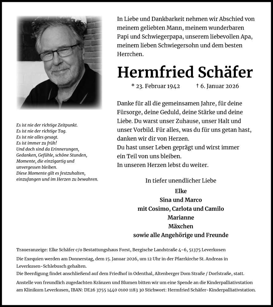  Traueranzeige für Hermfried Schäfer vom 14.01.2026 aus Kölner Stadt-Anzeiger / Kölnische Rundschau / Express