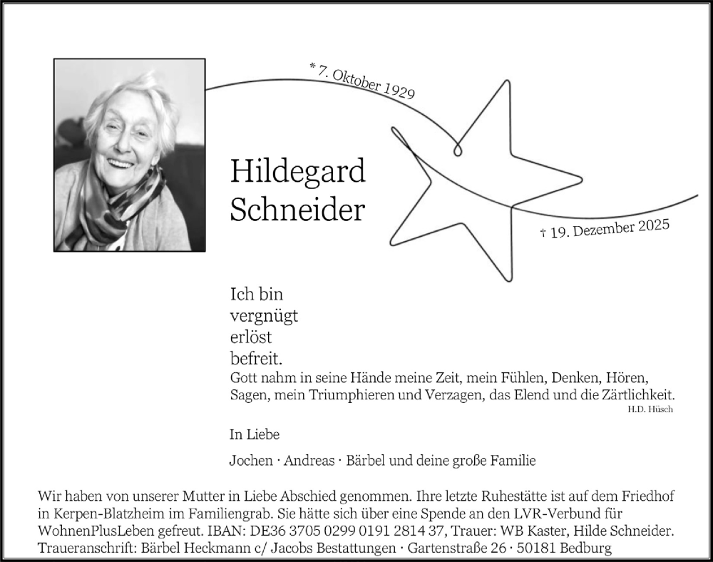  Traueranzeige für Hildegard Schneider vom 23.01.2026 aus  Werbepost 