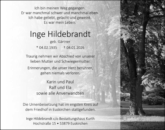 Anzeige von Inge Hildebrandt von  Blickpunkt Euskirchen 
