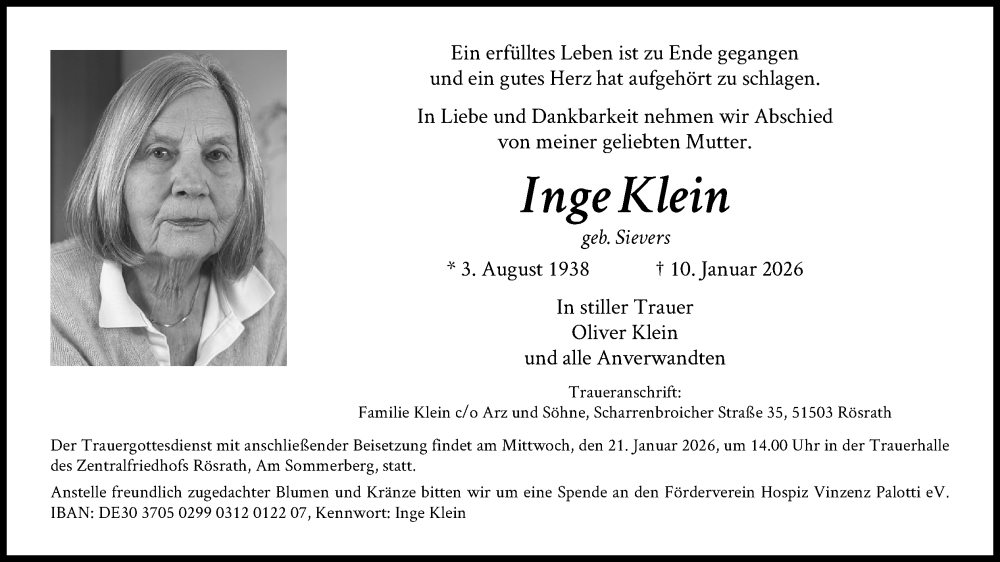 Traueranzeige für Inge Klein vom 17.01.2026 aus Kölner Stadt-Anzeiger / Kölnische Rundschau / Express