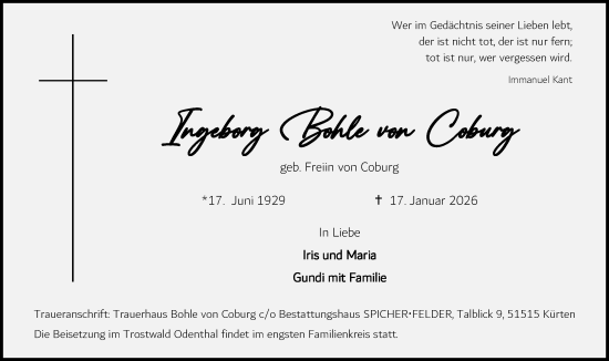Anzeige von Ingeborg Bohle von Coburg von Kölner Stadt-Anzeiger / Kölnische Rundschau / Express