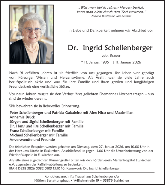 Anzeige von Ingrid Schellenberger von Kölner Stadt-Anzeiger / Kölnische Rundschau / Express