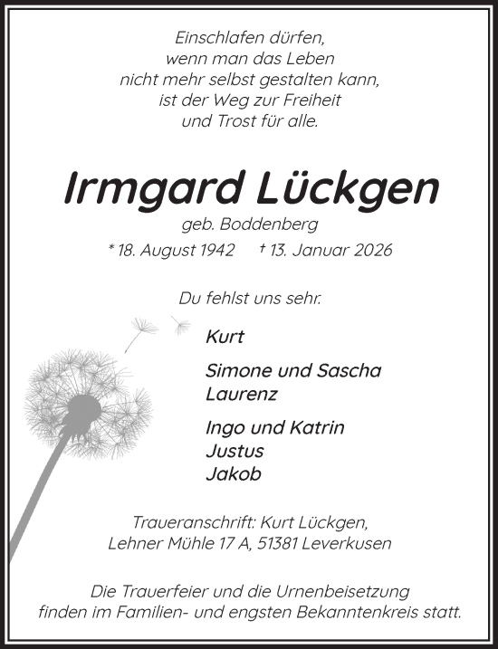 Anzeige von Irmgard Lückgen von  Lokale Informationen 