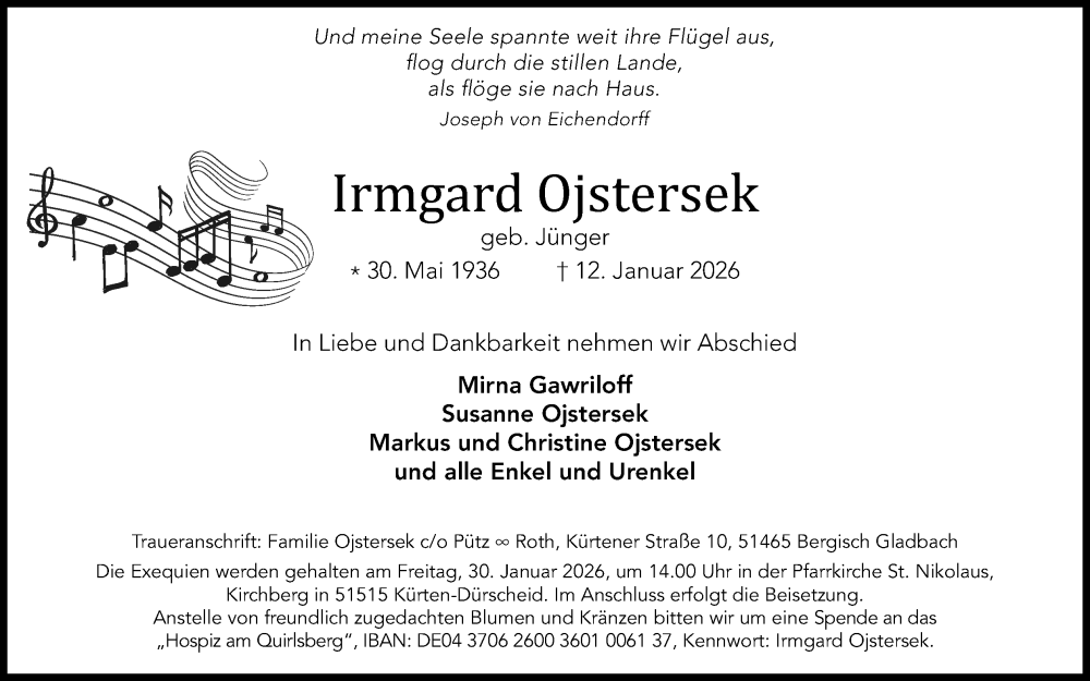  Traueranzeige für Irmgard Ojstersek vom 24.01.2026 aus Kölner Stadt-Anzeiger / Kölnische Rundschau / Express