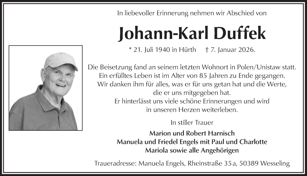  Traueranzeige für Johann-Karl Duffek vom 16.01.2026 aus  Schaufenster/Blickpunkt  Schlossbote/Werbekurier 