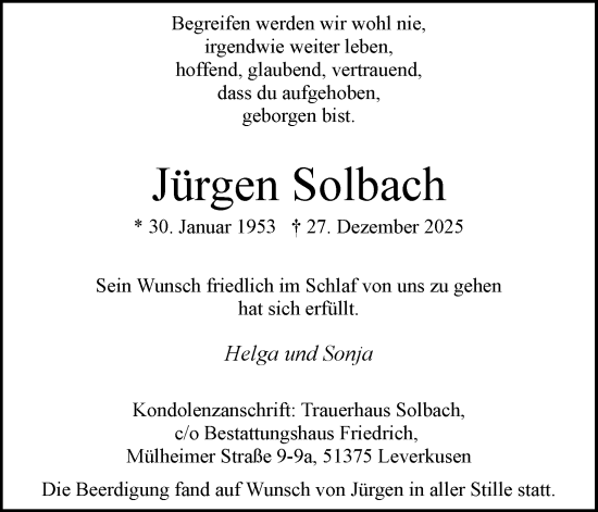 Anzeige von Jürgen Solbach von Kölner Stadt-Anzeiger / Kölnische Rundschau / Express