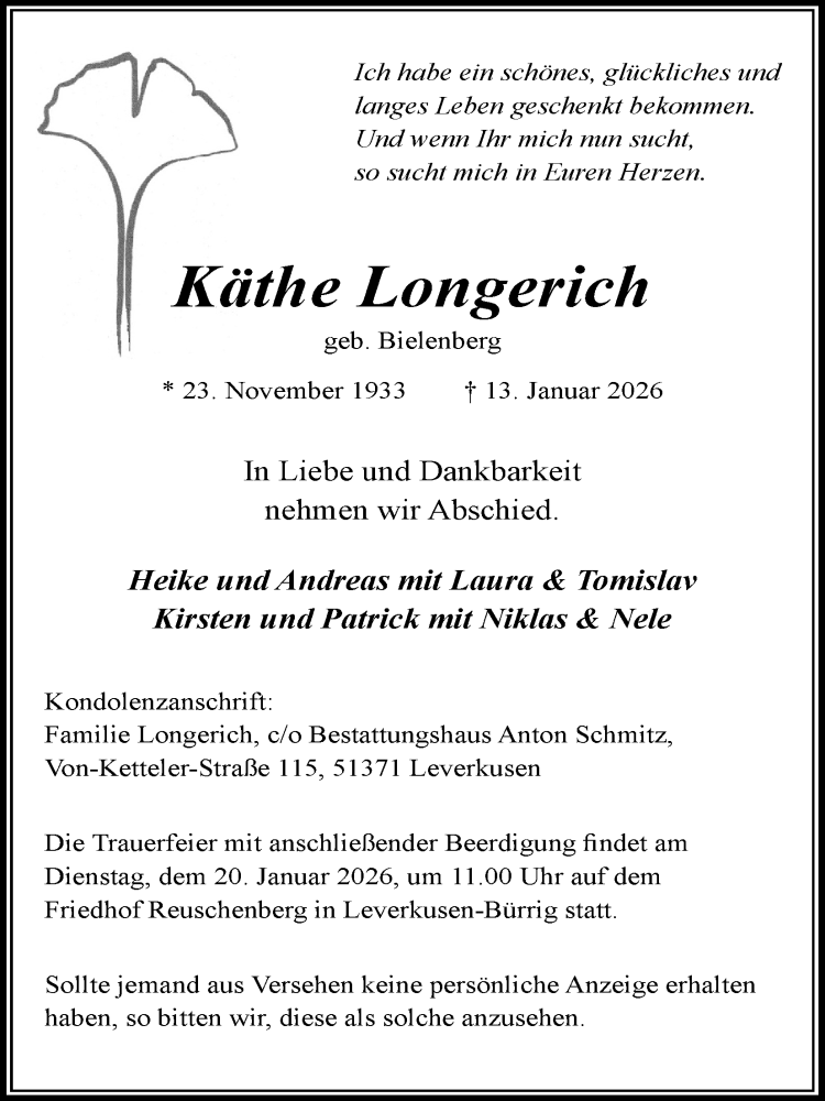  Traueranzeige für Käthe Longerich vom 17.01.2026 aus Kölner Stadt-Anzeiger / Kölnische Rundschau / Express