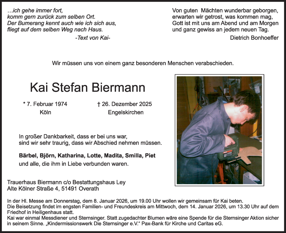  Traueranzeige für Kai Stefan Biermann vom 03.01.2026 aus Kölner Stadt-Anzeiger / Kölnische Rundschau / Express