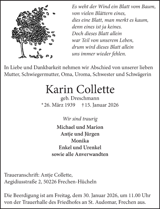 Anzeige von Karin Collette von  Wochenende 