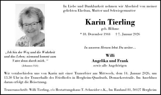 Anzeige von Karin Tierling von Kölner Stadt-Anzeiger / Kölnische Rundschau / Express