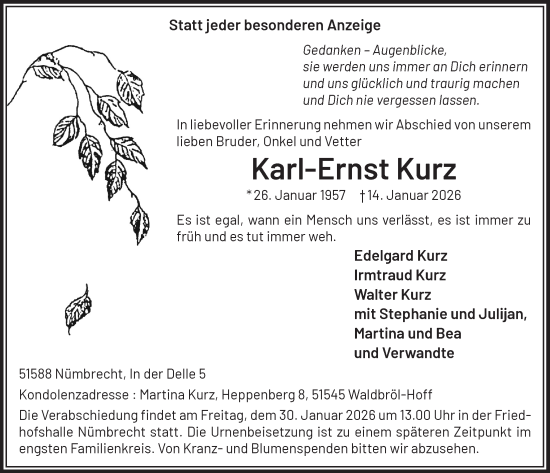 Anzeige von Karl-Ernst Kurz von  Lokalanzeiger 