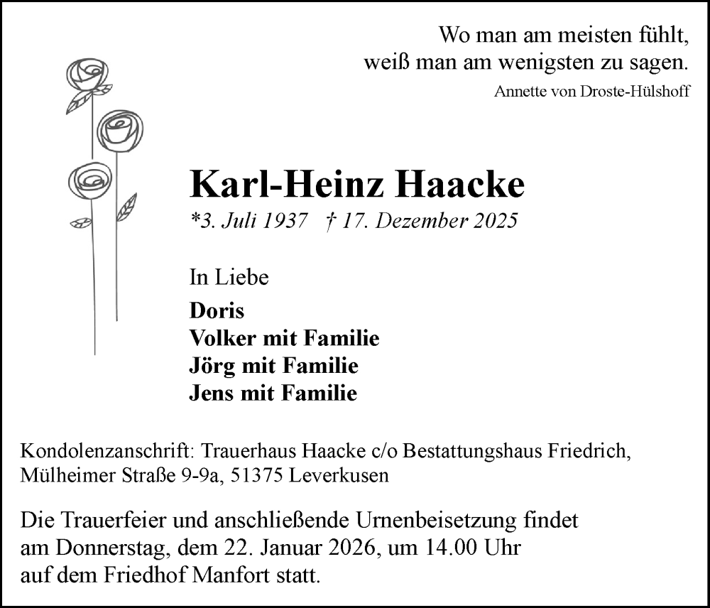  Traueranzeige für Karl-Heinz Haacke vom 17.01.2026 aus Kölner Stadt-Anzeiger / Kölnische Rundschau / Express