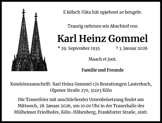 Anzeige von Karl Heinz Gommel von Kölner Stadt-Anzeiger / Kölnische Rundschau / Express