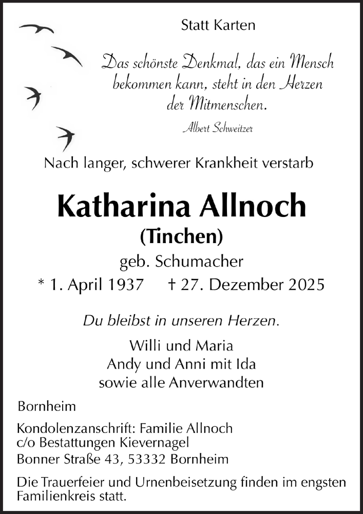  Traueranzeige für Katharina Allnoch vom 02.01.2026 aus  Schaufenster/Blickpunkt 
