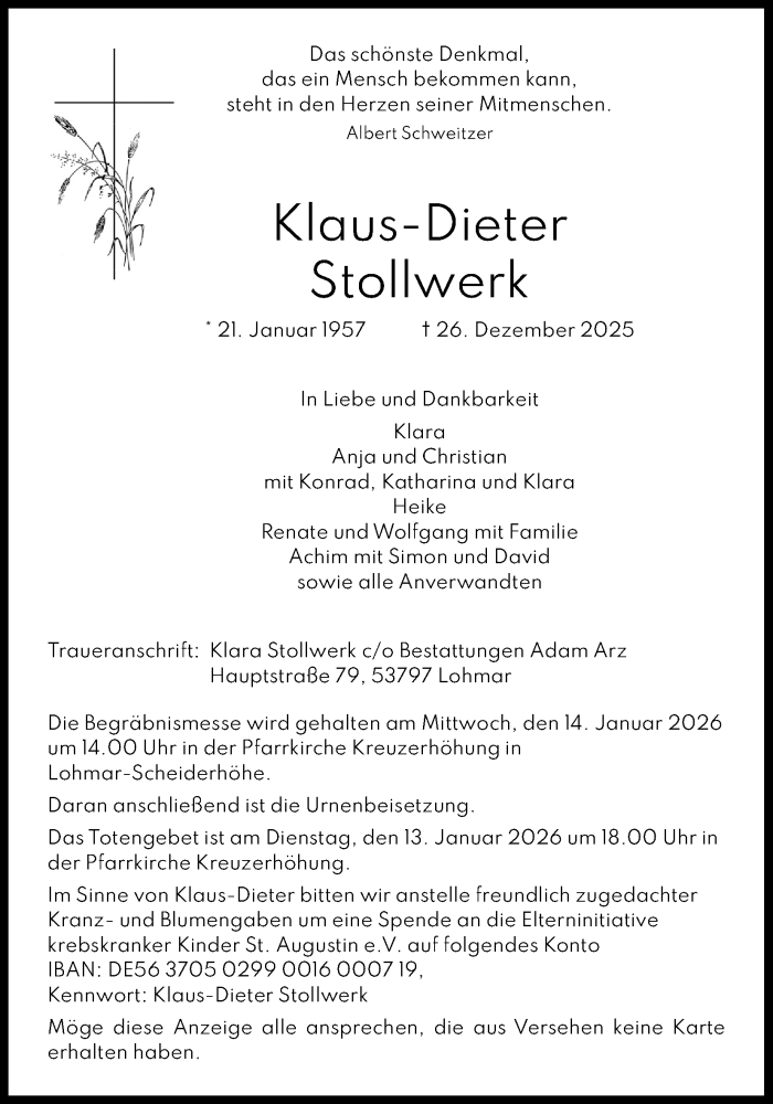  Traueranzeige für Klaus-Dieter Stollwerk vom 03.01.2026 aus Kölner Stadt-Anzeiger / Kölnische Rundschau / Express