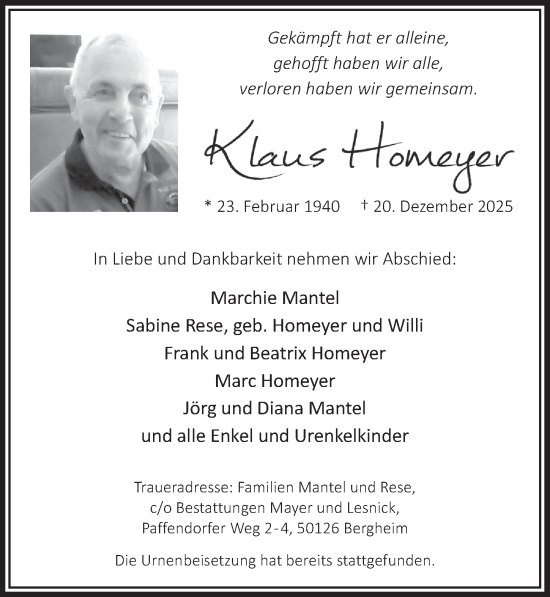 Anzeige von Klaus Homeyer von  Wochenende 