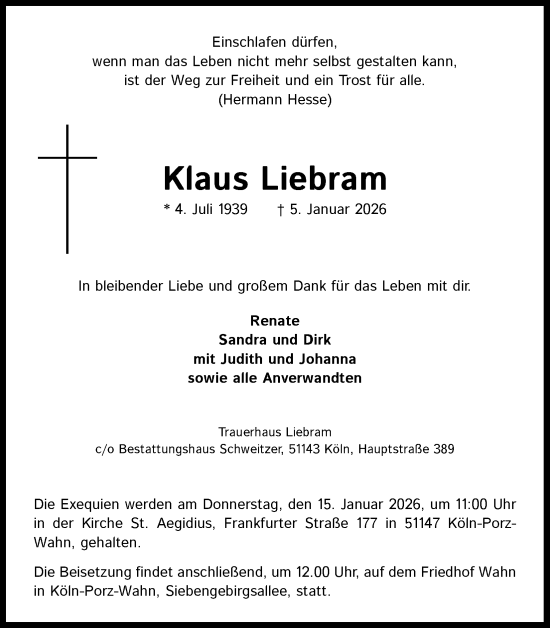 Anzeige von Klaus Liebram von Kölner Stadt-Anzeiger / Kölnische Rundschau / Express