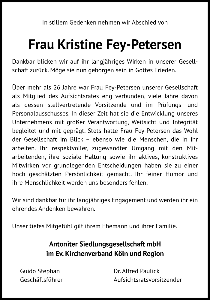  Traueranzeige für Kristine Fey-Petersen vom 17.01.2026 aus Kölner Stadt-Anzeiger / Kölnische Rundschau / Express