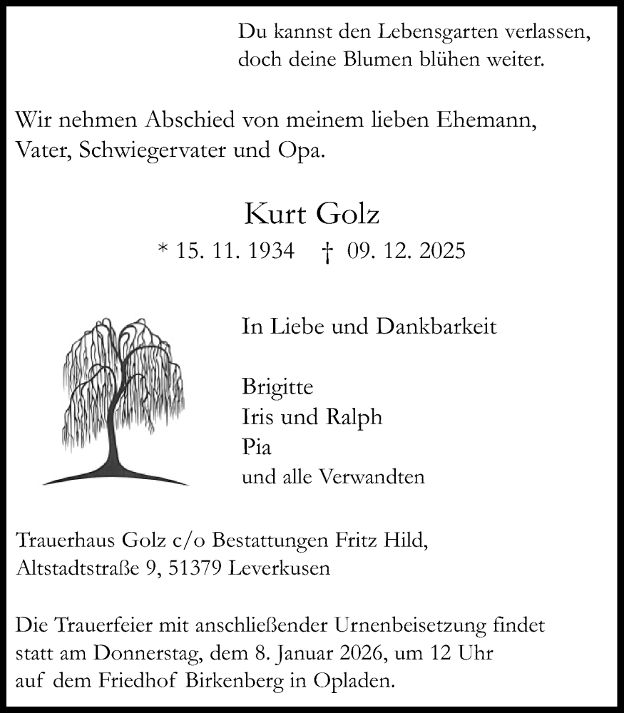  Traueranzeige für Kurt Golz vom 03.01.2026 aus Kölner Stadt-Anzeiger / Kölnische Rundschau / Express