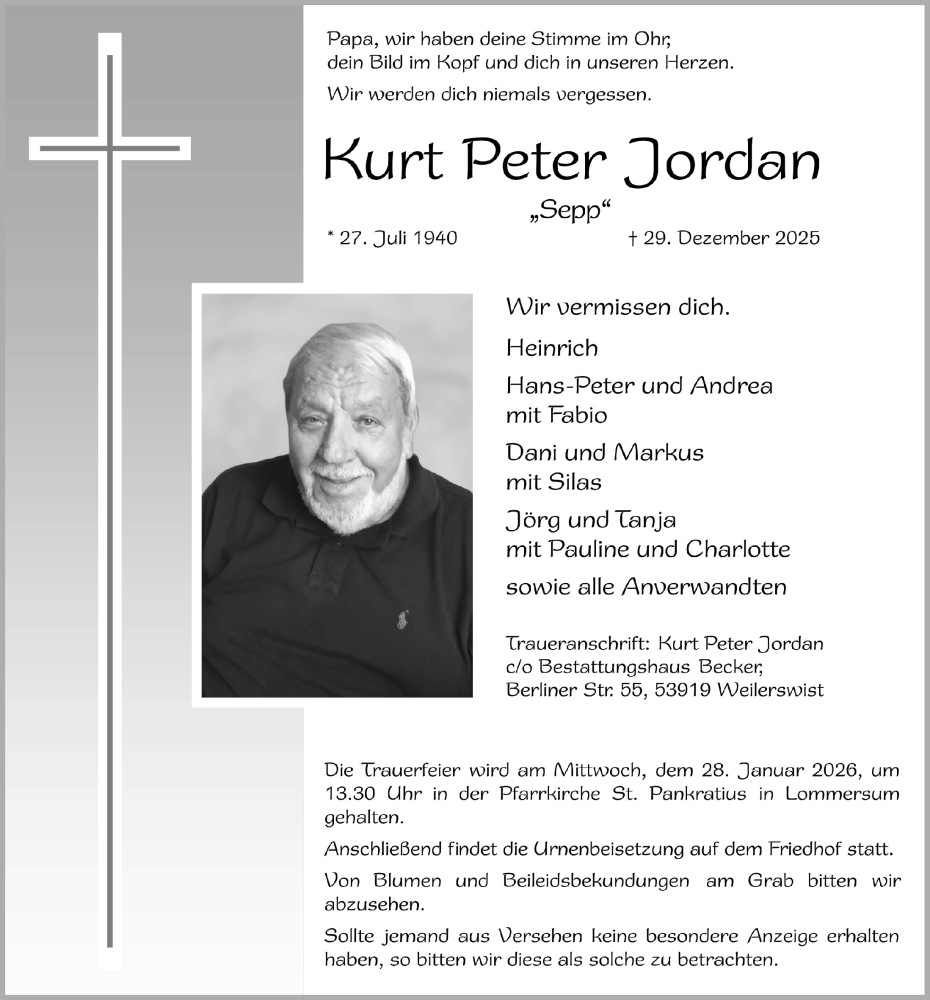 Traueranzeige für Kurt Peter Jordan vom 17.01.2026 aus  Blickpunkt Euskirchen 