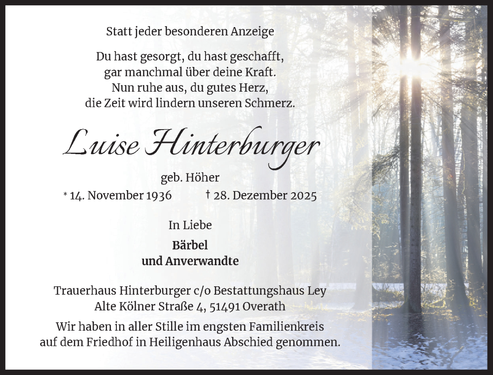  Traueranzeige für Luise Hinterburger vom 17.01.2026 aus Kölner Stadt-Anzeiger / Kölnische Rundschau / Express