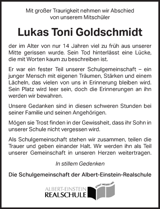 Anzeige von Lukas Toni Goldschmidt von  Schlossbote/Werbekurier 