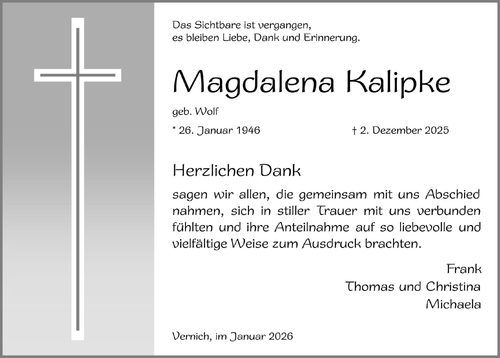 Traueranzeige für Magdalena Kalipke vom 17.01.2026 aus  Blickpunkt Euskirchen 