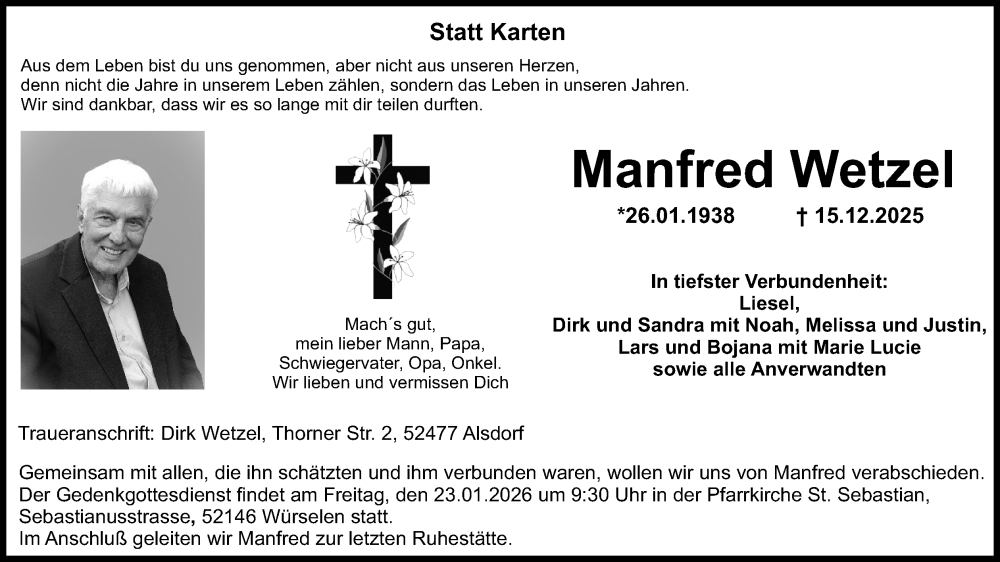 Traueranzeige für Manfred Wetzel vom 17.01.2026 aus Kölner Stadt-Anzeiger / Kölnische Rundschau / Express
