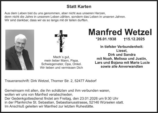 Anzeige von Manfred Wetzel von  Werbepost 