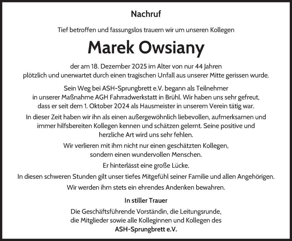  Traueranzeige für Marek Owsiany vom 23.01.2026 aus  Schlossbote/Werbekurier 