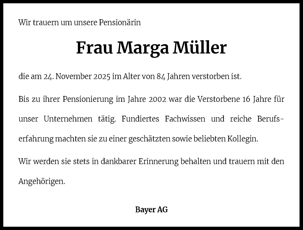  Traueranzeige für Marga Müller vom 17.01.2026 aus Kölner Stadt-Anzeiger / Kölnische Rundschau / Express