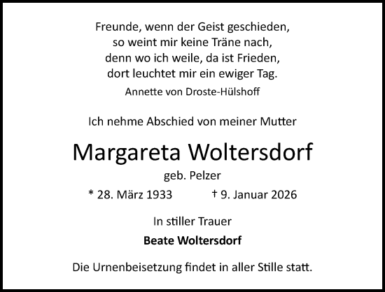 Anzeige von Margareta Woltersdorf von Kölner Stadt-Anzeiger / Kölnische Rundschau / Express