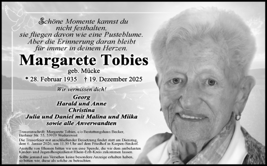 Anzeige von Margarete Tobies von Kölner Stadt-Anzeiger / Kölnische Rundschau / Express