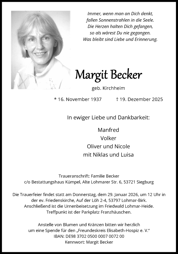  Traueranzeige für Margit Becker vom 03.01.2026 aus Kölner Stadt-Anzeiger / Kölnische Rundschau / Express