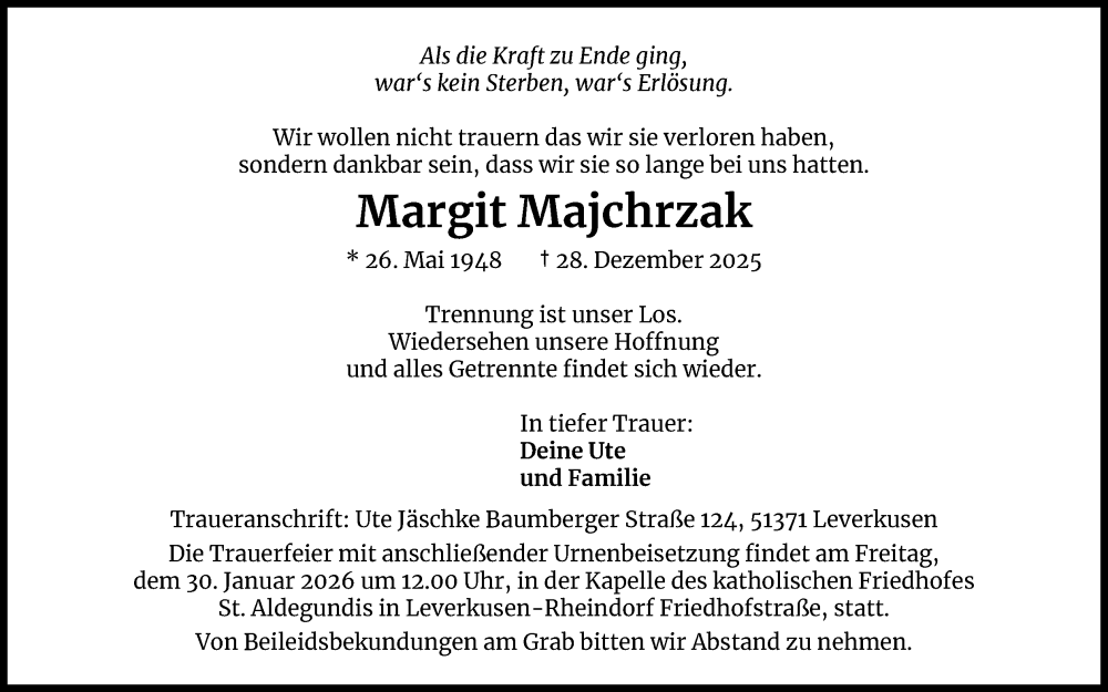  Traueranzeige für Margit Majchrzak vom 17.01.2026 aus Kölner Stadt-Anzeiger / Kölnische Rundschau / Express